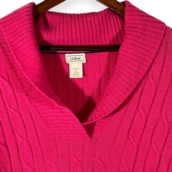 LL Bean Lambswool Cable Knit Sweater Pink Shawl Collar V Neck Ribbed Trim XL - Picture 5 of 9